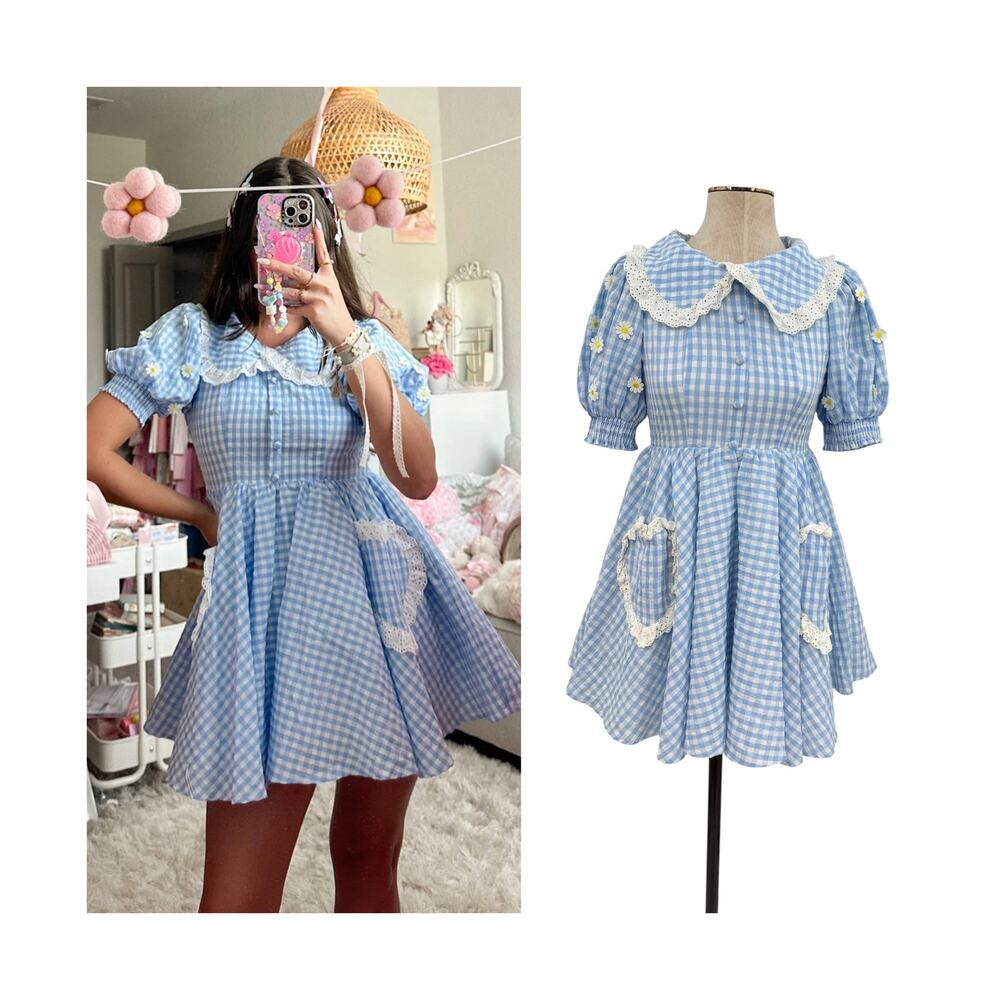 Miss Candyholic Blueberry Gumdrop Dress Gingham Daisy Peter Pan Collar XS NWT